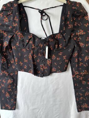 Rumored Floral Corset Crop Top Small Black Puff Sleeve Tie Back Cottagecore NWT